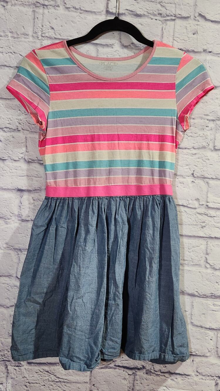 Children's Place Pink Striped With Solid Blue Bottom Dress Large Lightweight - Picture 1 of 3